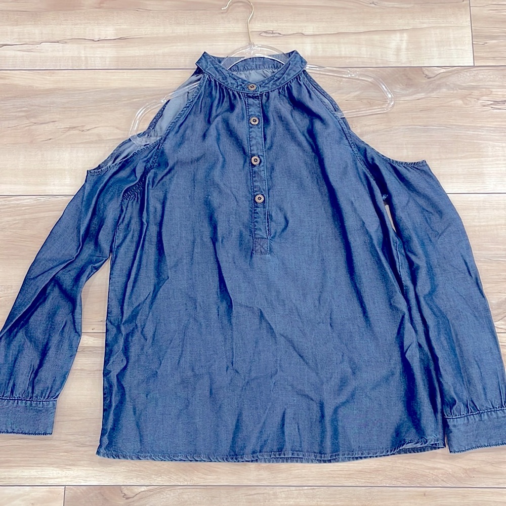 Nicole Miller chambray cold shoulder top